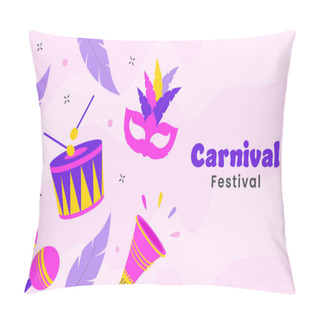 Personality  Carnival Festival Banner Design Decorated With Music Instrument, Feathers, Party Mask On Pink Background. Pillow Covers