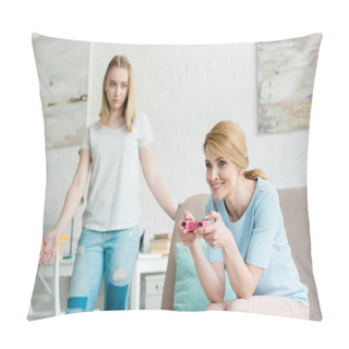 Personality  Confused Teen Daughter Looking At Mother While She Playing Console Game Pillow Covers