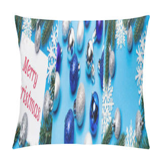 Personality  Collage Of Shiny Baubles And Merry Christmas Card On Blue Background Pillow Covers