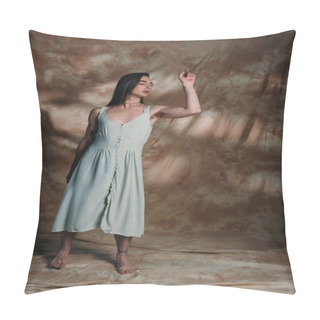 Personality  Barefoot Nonbinary Person In Light Blue Sundress Posing On Abstract Brown Background  Pillow Covers