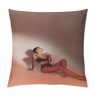 Personality  Full Length Of Woman With Slim And Sexy Body Sitting In Black Lingerie On Red Background With Shadow Pillow Covers