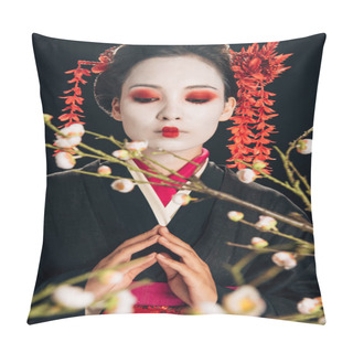 Personality  Selective Focus Of Beautiful Geisha In Black Kimono With Red Flowers In Hair Looking At Sakura Branches Isolated On Black Pillow Covers
