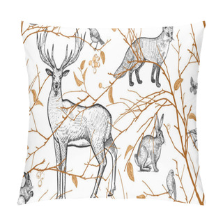 Personality  Seamless Pattern With Tree Branches, Forest Animals And Birds. Deer, Fox, Hare, Squirrel. Vector Illustration Art. Natural Design For Fabrics, Textiles, Paper, Wallpapers. Gold Black, White. Vintage. Pillow Covers