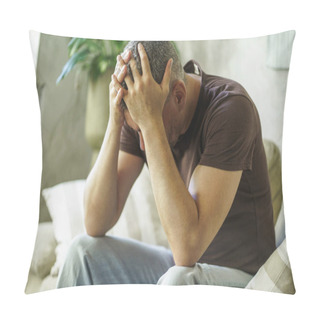 Personality  Male Problems Frustrated Middle Age Man Covered His Head With Hands Sitting On The Sofa In Home Interior. Lack Of Inspiration Sad Man. Male Health Concept. Family Crisis, Sad Man At Home.  Pillow Covers