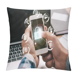 Personality  Cropped Shot Of Businessman Using Smartphone With Cyber Security Signs At Workplace With Laptop Pillow Covers