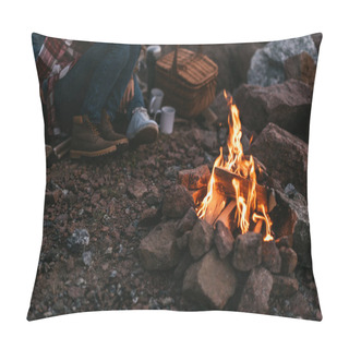 Personality  Selective Focus Of Burning Bonfire Near Couple Sitting On Rocks Pillow Covers