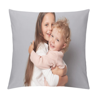 Personality  Happy Funny Girl Sisters Hugging And Laughing Standing Isolated Over Gray Background Looking At Camera With Happy Faces Having Fun Playing Together. Pillow Covers