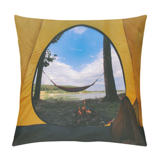 Personality  View Form Camping Tent On Campfire With Hammock Near Lake Copy Space Pillow Covers
