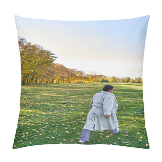 Personality  Back View Of African American Woman In Trench Coat Walking On Grass With Golden Leaves, Autumn Park Pillow Covers