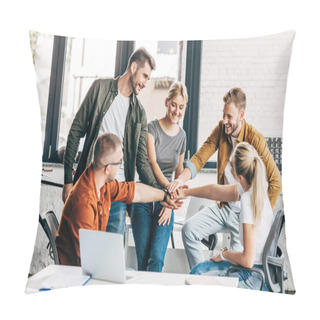 Personality  Group Of Smiling Young Entrepreneurs Making Team Gesture While Working On Startup Together At Office Pillow Covers