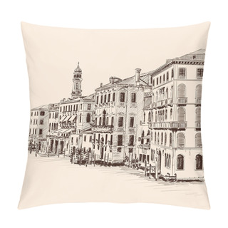 Personality  Sketch Of Street Of An Old European City With High-rise Buildings And A Tower. Handmade Rough Drawing On Beige Background. Pillow Covers