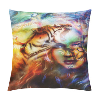 Personality  Painting Mighty Lion And  Tiger Head, And Mystic Woman With Bird, Ornament Background. Computer Collage, Profile Portrait, Eye Contact. Pillow Covers