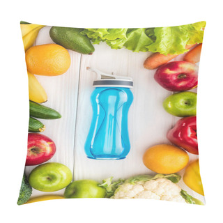 Personality  Top View Of Sports Bottle With Water And Fresh Fruits With Vegetables On Wooden Table Pillow Covers