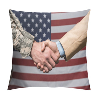 Personality  Selective Focus Military Men Shaking Hands Near American Flag  Pillow Covers