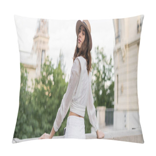 Personality  Trendy Woman In Sun Hat Looking At Camera With Eiffel Tower At Background In France, Banner  Pillow Covers