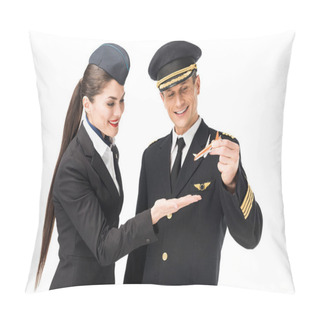Personality  Airline Captain And Stewardess Holding Toy Plane Isolated On White Pillow Covers