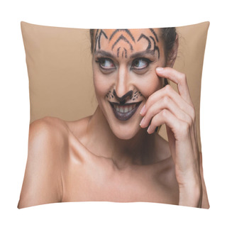 Personality  Joyful Young Woman With Bare Shoulders And Tiger Makeup Posing Isolated On Beige Pillow Covers