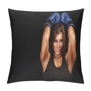 Personality  Studio Portrait Of Sporty Young Female Boxer On Black Background Holding Her Hands With Blue Boxing Glover Above Her Head And Looking To The Camera Pillow Covers