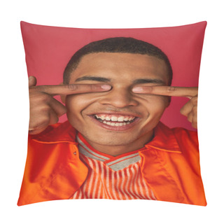 Personality  Funny African American Man Obscuring Eyes With Fingers, Orange Shirt, Red Background Pillow Covers