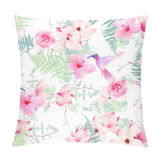 Personality  Exotic Flowers With Hummingbirds Seamless Vector Print Pillow Covers