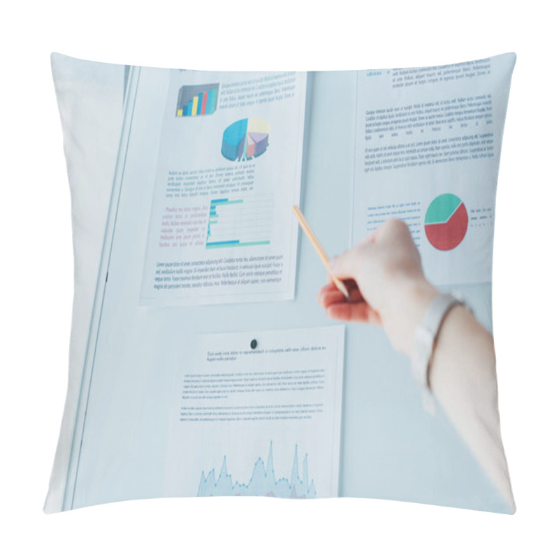 Personality  Cropped Shot Of Businesswoman Pointing At Flipchart With Infographics Pillow Covers