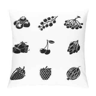 Personality  Set Of Monochrome BERRIES Icons - Cherry, Strawberry, Raspberry, Currant, Blueberry, Gooseberry, Rowan, Goji. Vector Pillow Covers