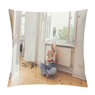 Personality  Smiling Woman In Jeans Holding Plate With Breakfast Near Scottish Fold Cat On Floor At Home  Pillow Covers