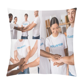Personality  Collage Of Young Multicultural Volunteers In White T-shirts With Lettering Holding Hands In Charity Center  Pillow Covers