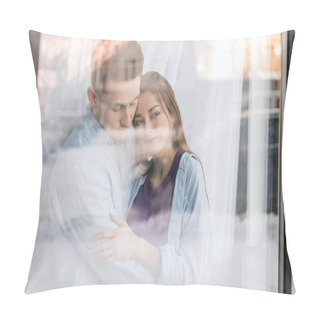 Personality  View Through Window On Couple Hugging And Looking Away Pillow Covers