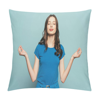 Personality  Smiling Girl Standing In Meditation Pose With Closed Eyes On Blue Background Pillow Covers