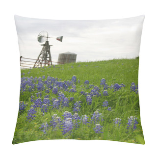Personality  Texas Windmill On Hillside With Bluebonnets Pillow Covers
