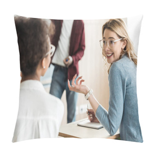 Personality  Smiling Multiethnic Students Looking At Each Other Talking In University Pillow Covers