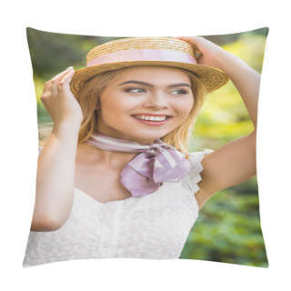 Personality  Beautiful Smiling Blonde Girl Wearing Wicker Hat With Ribbon And Looking Away In Park Pillow Covers