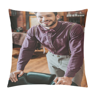 Personality  Cheerful Bearded Barber Touching Leather Armchair In Barbershop  Pillow Covers