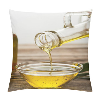 Personality  Pouring Oil From Bottle Into Glass Bowl On Brown Wooden Surface Pillow Covers