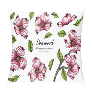 Personality  Set Of Pink Dogwood Flower And Leaf Drawing Illustration With Line Art On White Backgrounds. Pillow Covers