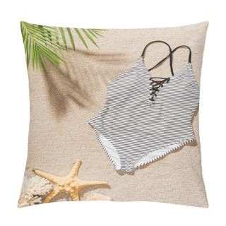 Personality  Top View Of Stylish Swimsuit Lying On Sandy Beach Pillow Covers