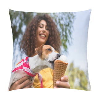 Personality  Selective Focus Of Jack Russell Terrier Dog Licking Ice Cream From Hand Pillow Covers