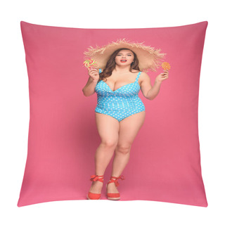 Personality  Full Length View Of Brunette Woman In Swimsuit And Straw Hat Holding Candies And Looking At Camera Isolated On Pink Pillow Covers