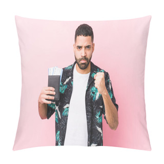 Personality  Young Arabian Cool Man Holding A Boarding Passes Isolated Showing Fist To Camera, Aggressive Facial Expression. Pillow Covers