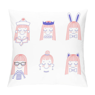 Personality  Doodles Of Cute Girl Faces With Long Hair, Cat And Rabbit Ears,  Pillow Covers