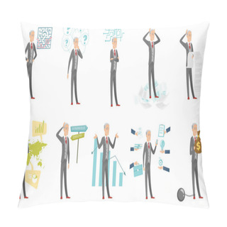 Personality  Caucasian Businessman Vector Illustrations Set. Pillow Covers