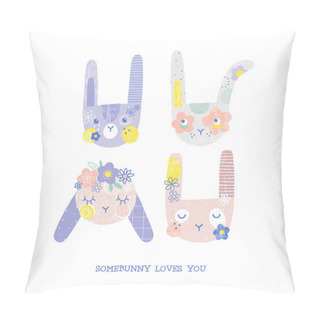 Personality  Cute Romantic Flourish Bunny Heads Vector Illustration Set Pillow Covers