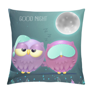 Personality  Sleepy Owls Couple On A Branch With A Full Moon Night Background Pillow Covers