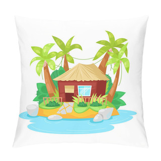 Personality  Tropical Island In Ocean With Palm Trees And Bungalow Hut. Pillow Covers