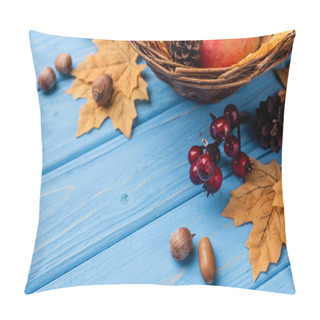 Personality  Autumnal Leaves, Berries, Acorns And Cones On Blue Wooden Background Pillow Covers