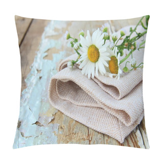 Personality  Bouquet Of Daisies On The Linen Bag On A Wooden Table Rustic Still Life Pillow Covers