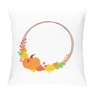 Personality  Round Autumn Banner With Colorful Fall Leaves, Pumpkin And Ladybug With Copy Space. Pillow Covers
