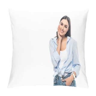 Personality  Pleased Woman Looking At Camera While Touching Face Isolated On White Pillow Covers