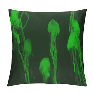 Personality  Jellyfishes With Tentacles In Green Neon Light On Dark Background, Panoramic Shot Pillow Covers